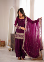 Lorenvalley Fashion Wine Fendi Silk with Embroidery Sequins and Zari Work Kurta Farshi Salwar with Dupatta | Grocsy