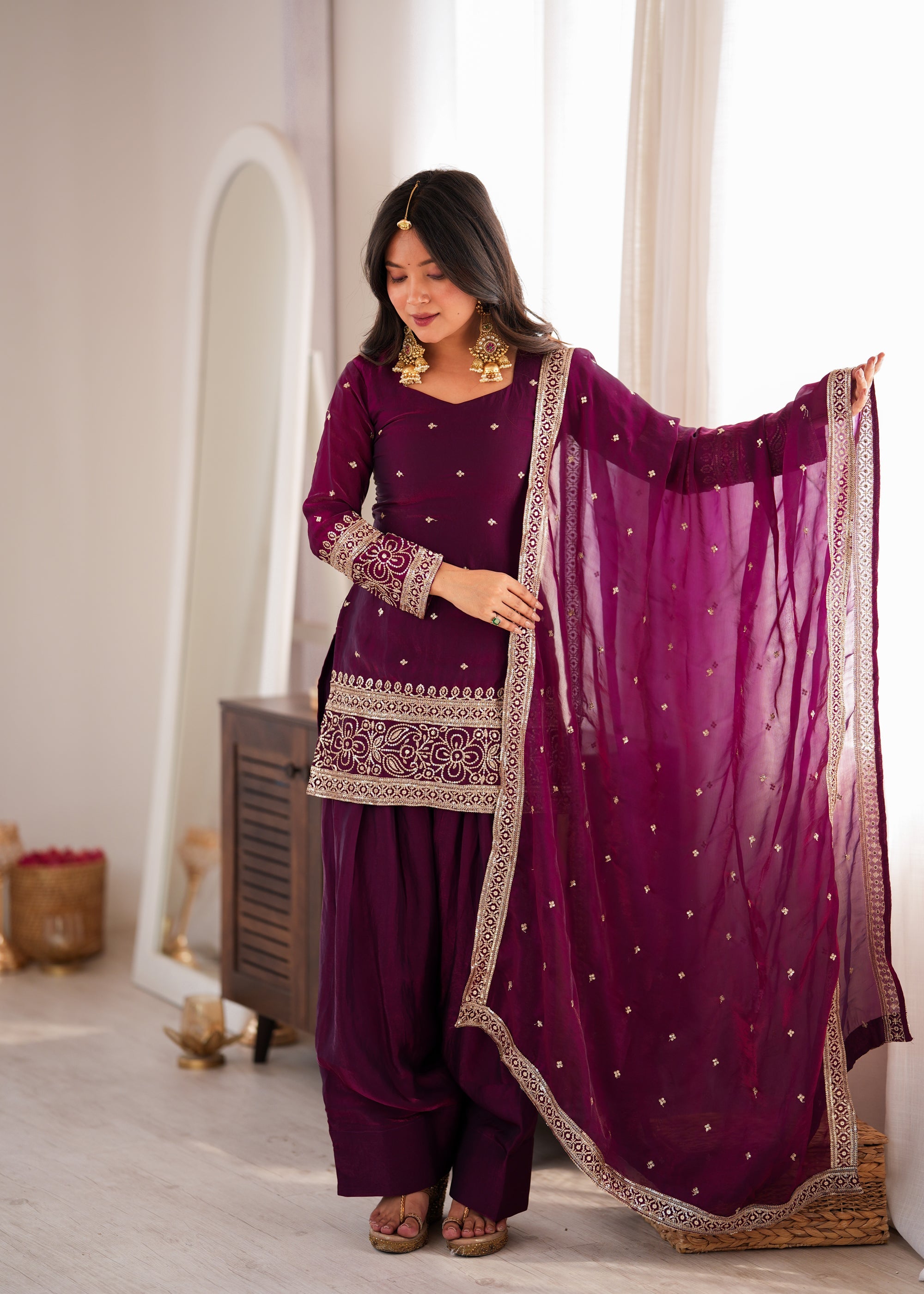Lorenvalley Fashion Wine Fendi Silk with Embroidery Sequins and Zari Work Kurta Farshi Salwar with Dupatta | Grocsy