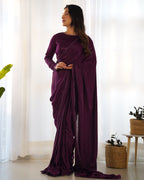 Lorenvalley Ready to wear Premium Quality Marble Velvet Fabric Fancy Boarder Lace Work Predrapped Saree - Purple | Grocsy