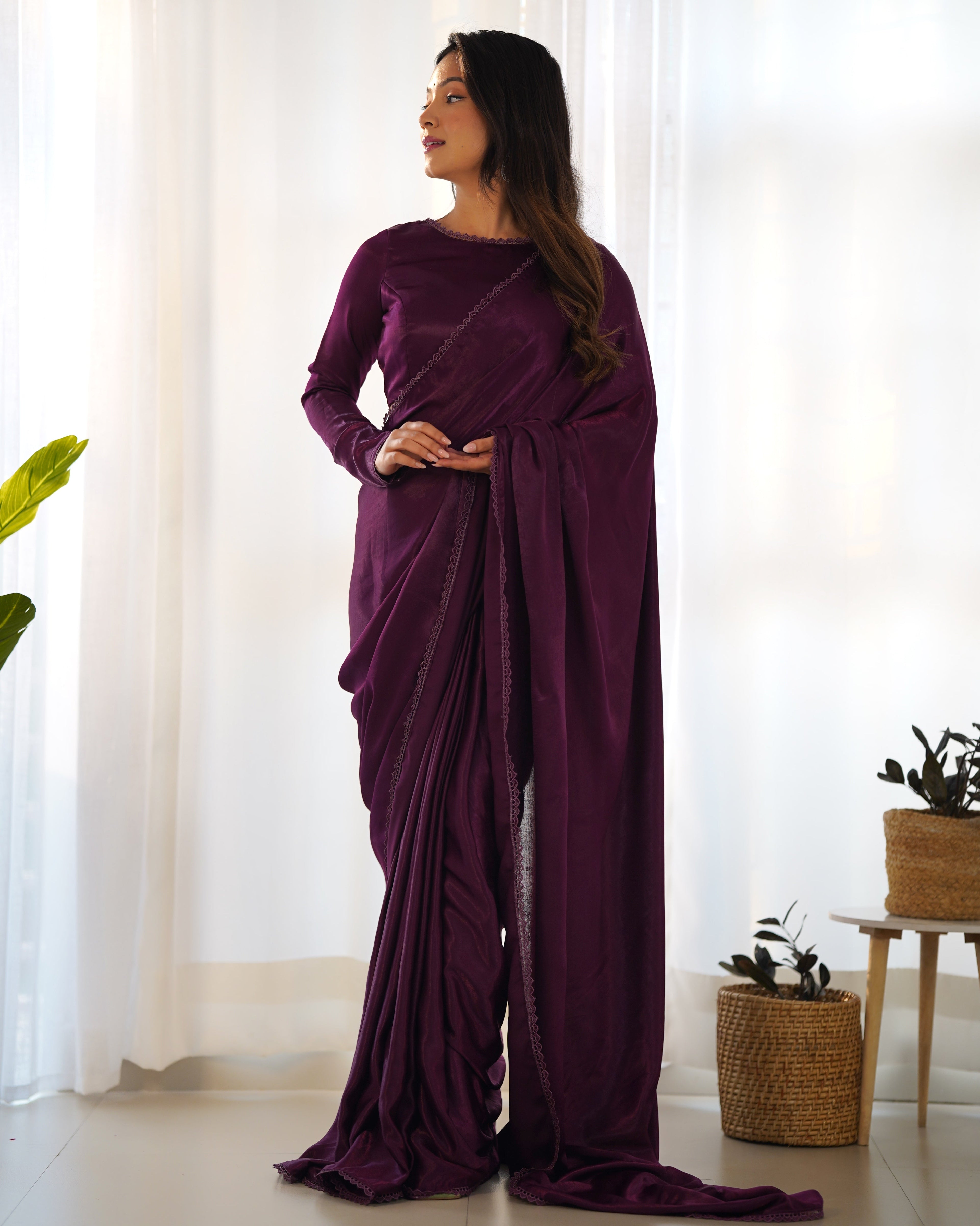 Lorenvalley Ready to wear Premium Quality Marble Velvet Fabric Fancy Boarder Lace Work Predrapped Saree - Purple | Grocsy