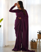 Lorenvalley Ready to wear Premium Quality Marble Velvet Fabric Fancy Boarder Lace Work Predrapped Saree - Purple | Grocsy