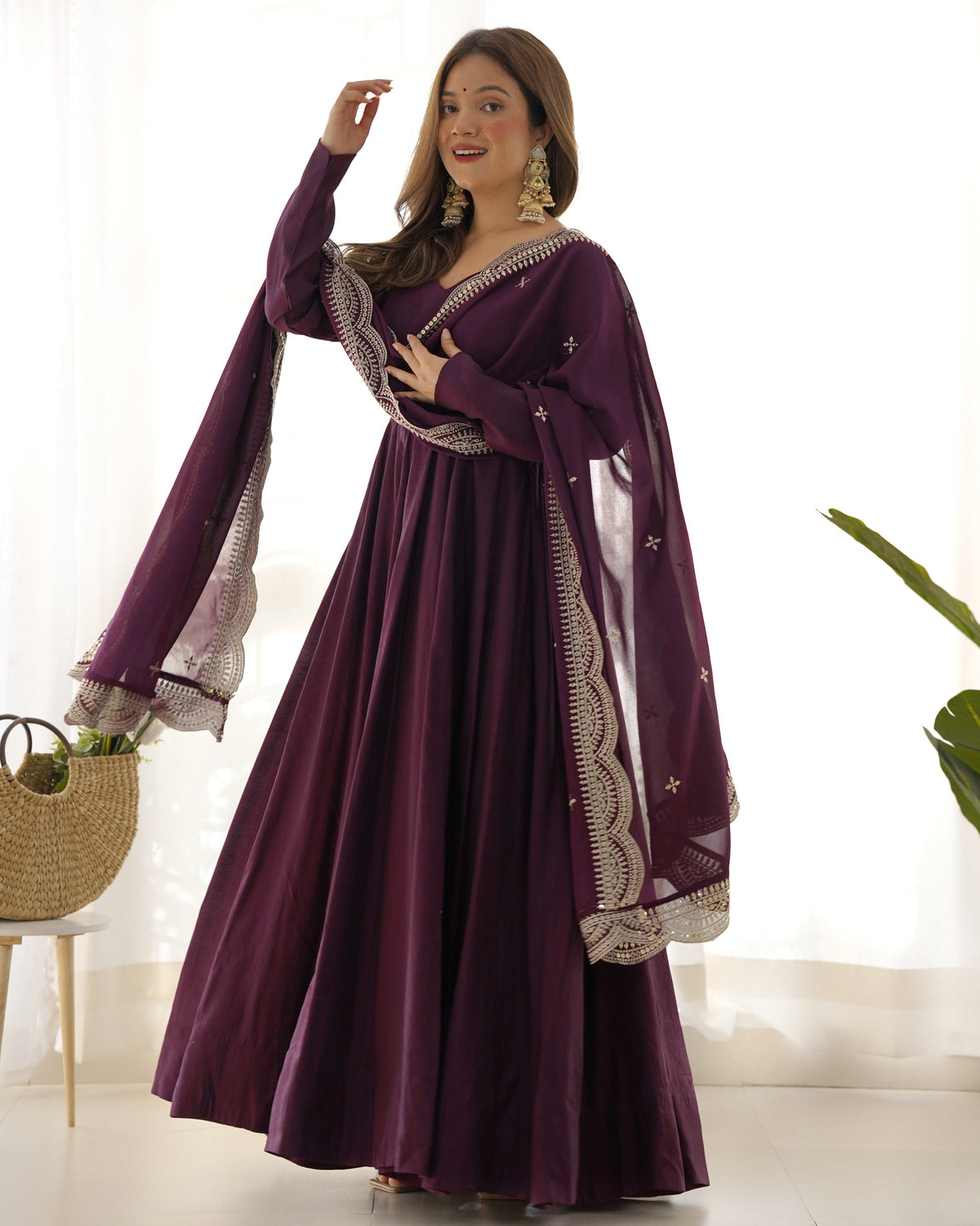 Lorenvalley Mauve Pure Roman Silk Chanderi Fabric Fully Flared Anarkali Pant With Dupatta Set - Wine | Grocsy