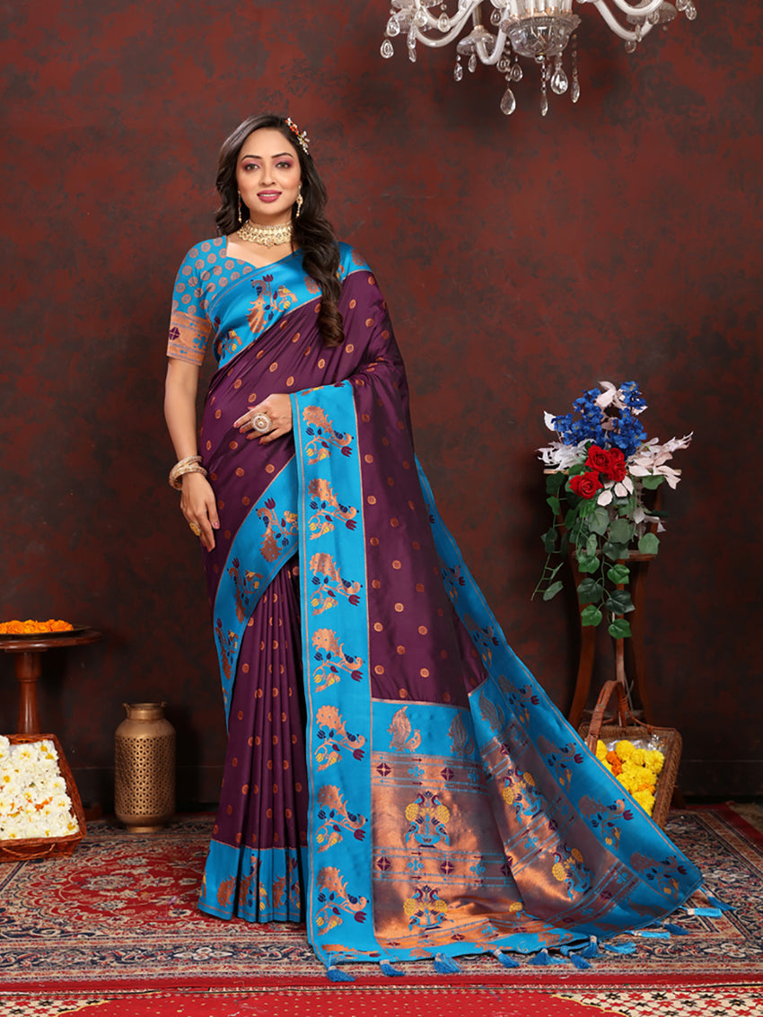 Lorenvalley Fashion Wine Soft Paithani Silk Woven Design Rich Zari Meenakari Weaving Saree | Grocsy