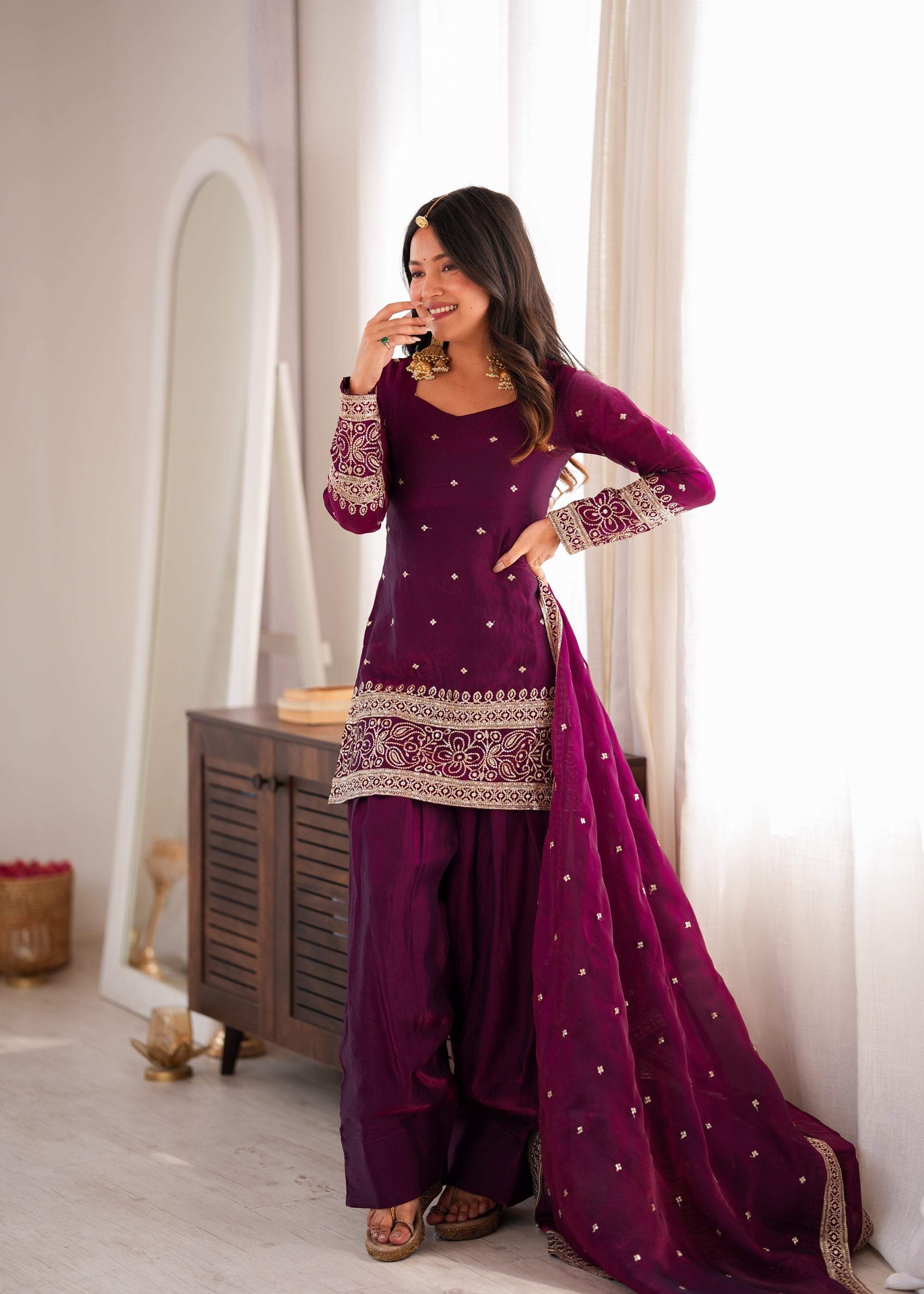 Lorenvalley Fashion Wine Fendi Silk with Embroidery Sequins and Zari Work Kurta Farshi Salwar with Dupatta | Grocsy