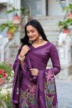 Lorenvalley Wine Roman Silk Floral Print With Beets Handwork Kurta Set | Grocsy