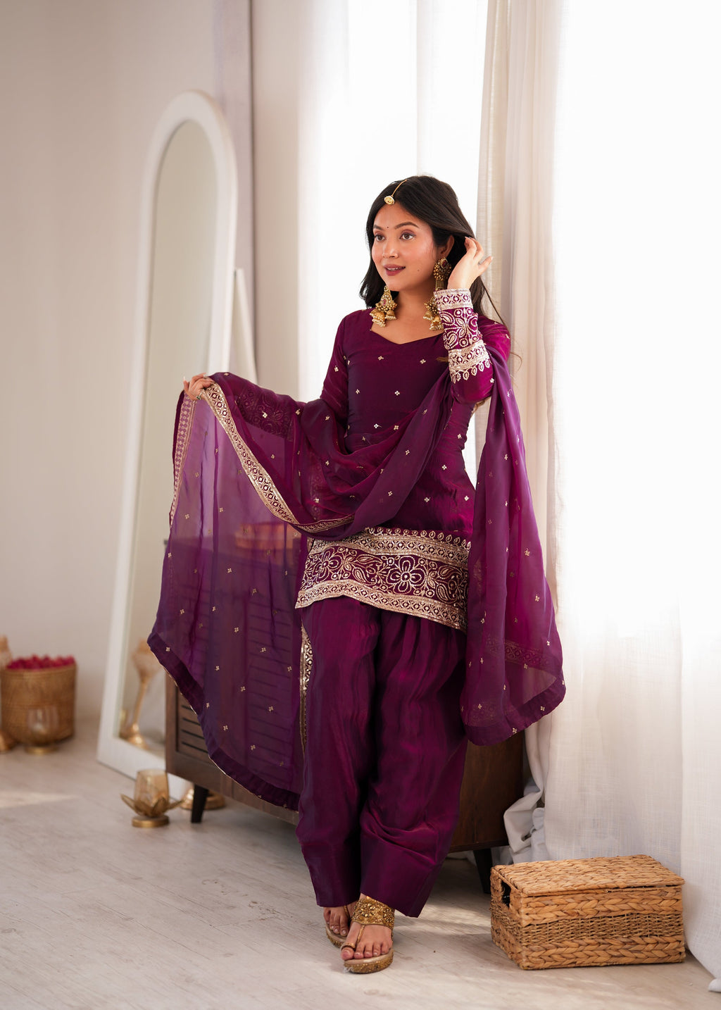 Lorenvalley Fashion Wine Fendi Silk with Embroidery Sequins and Zari Work Kurta Farshi Salwar with Dupatta | Grocsy