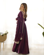 Lorenvalley Mauve Pure Roman Silk Chanderi Fabric Fully Flared Anarkali Pant With Dupatta Set - Wine | Grocsy