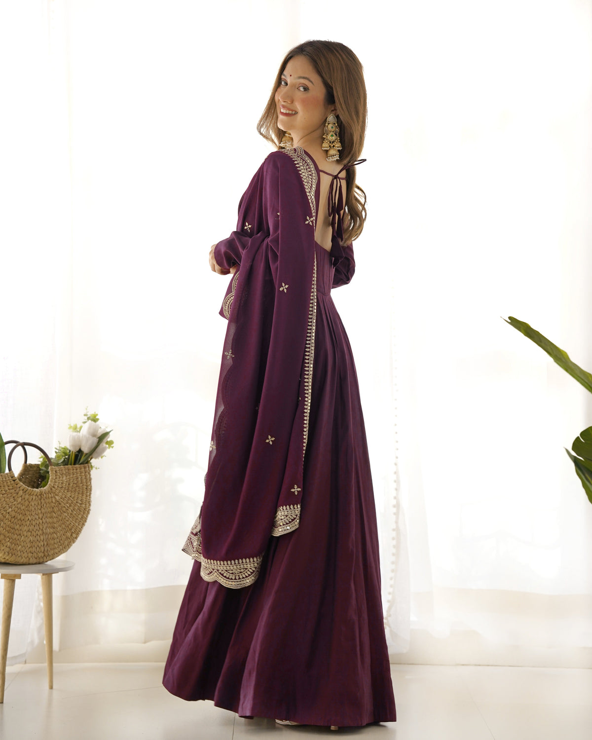Lorenvalley Mauve Pure Roman Silk Chanderi Fabric Fully Flared Anarkali Pant With Dupatta Set - Wine | Grocsy