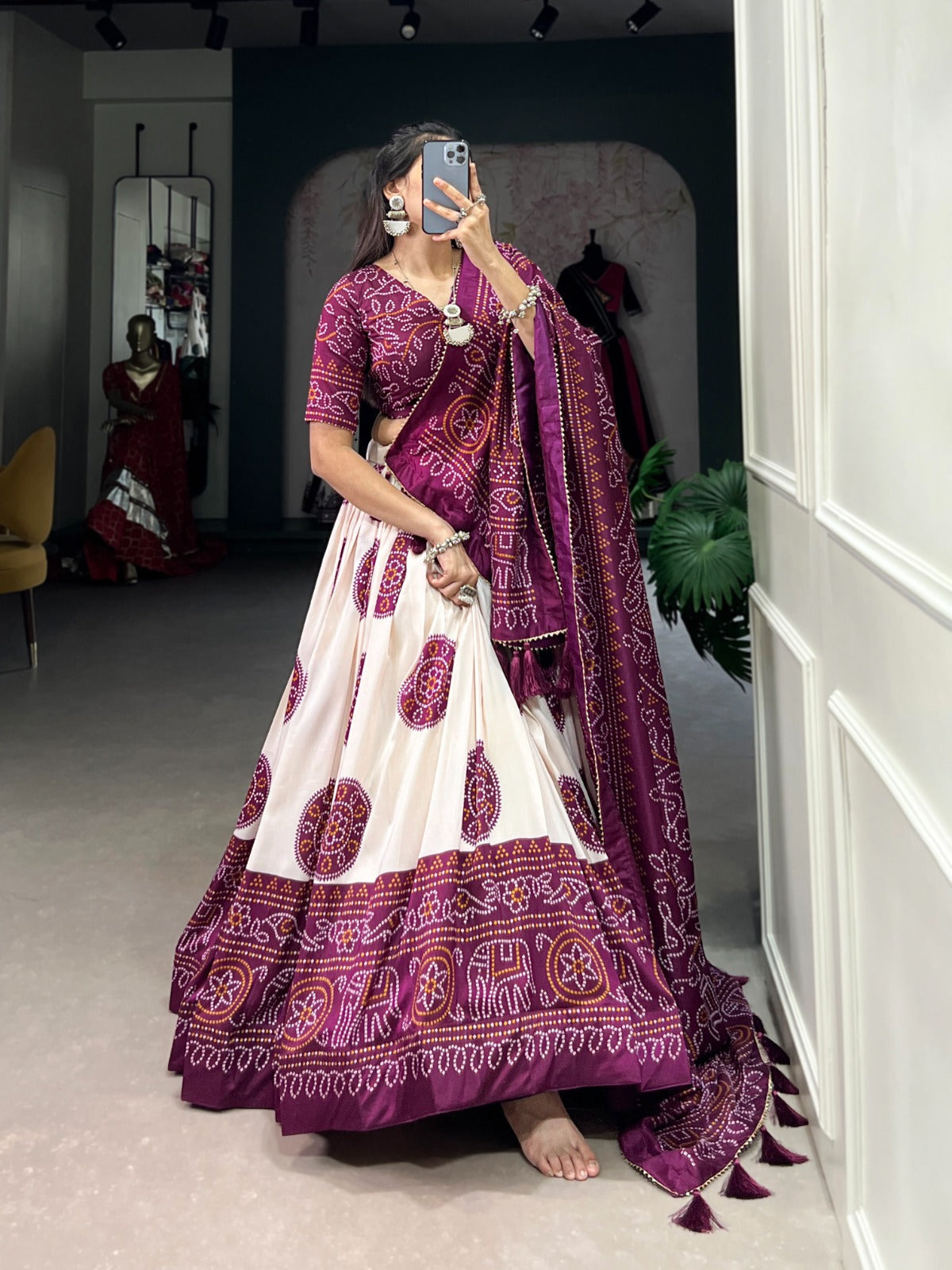 Lorenvalley Wine Tussar Silk with Bandhej Print Lehenga Choli | Grocsy