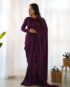Lorenvalley Ready to wear Premium Quality Marble Velvet Fabric Fancy Boarder Lace Work Predrapped Saree - Purple | Grocsy