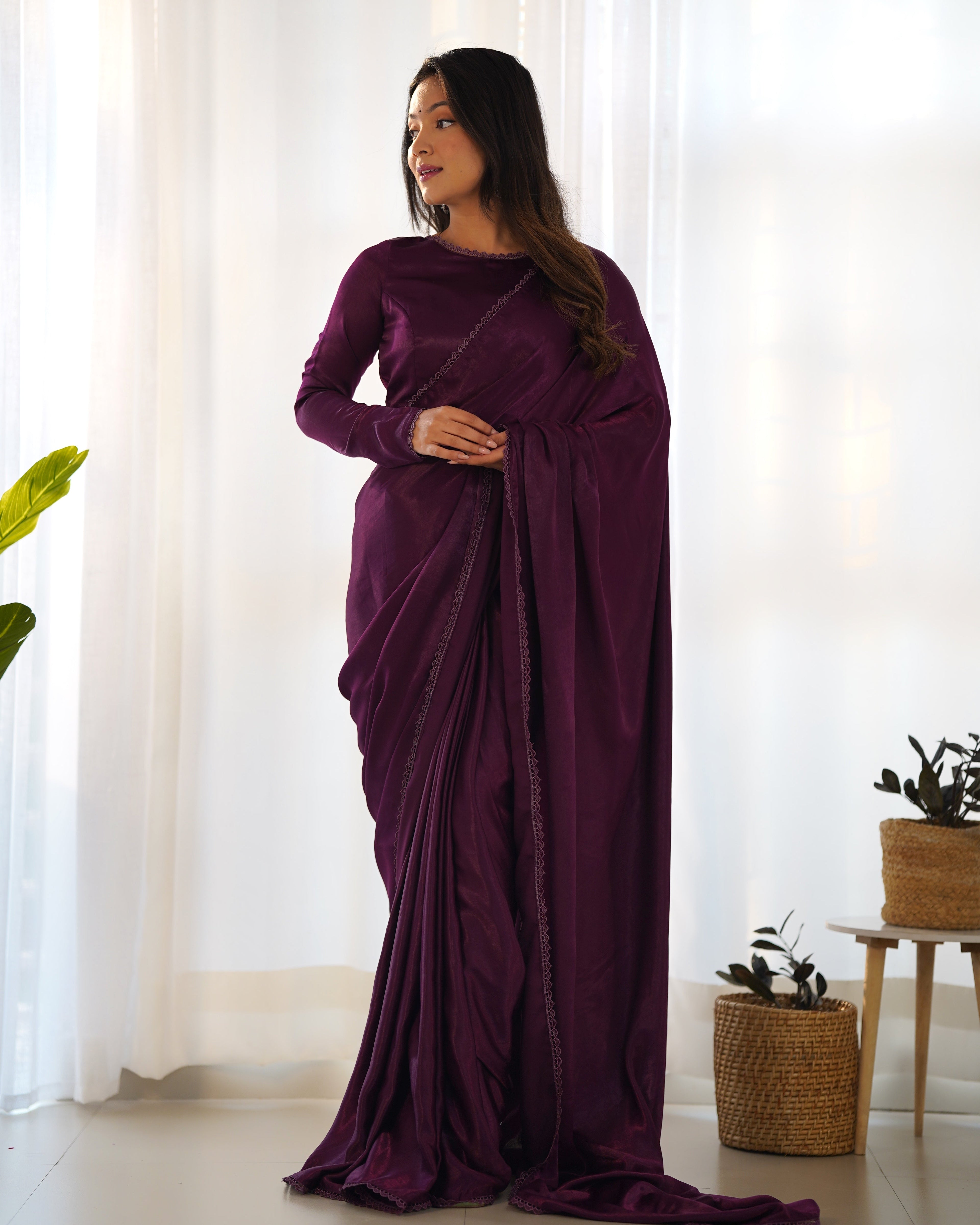 Lorenvalley Ready to wear Premium Quality Marble Velvet Fabric Fancy Boarder Lace Work Predrapped Saree - Purple | Grocsy
