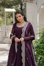 Evanik Wine Faux Blooming Gown With Dupatta With Rich Sequins Embroidered work | Grocsy