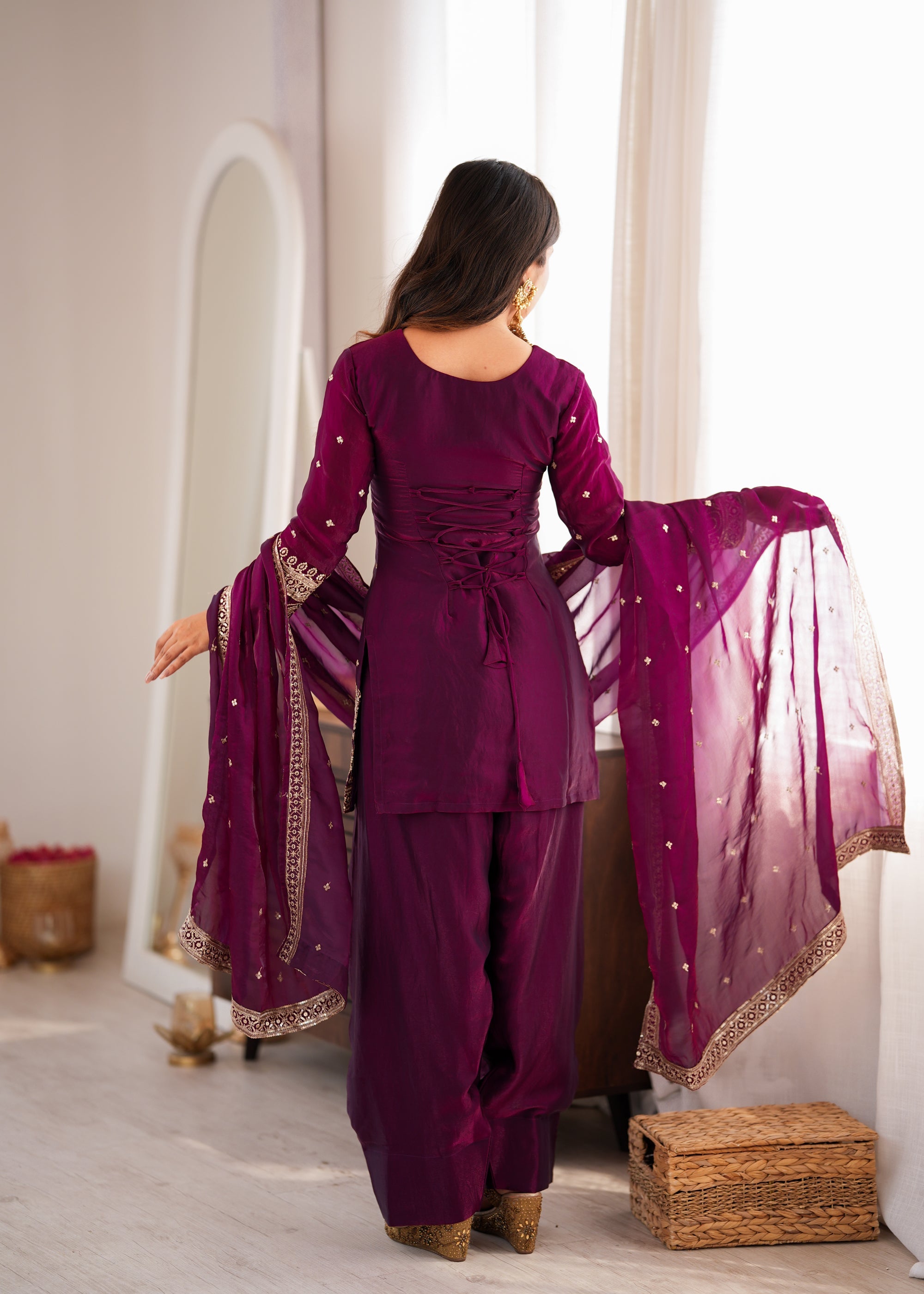 Lorenvalley Fashion Wine Fendi Silk with Embroidery Sequins and Zari Work Kurta Farshi Salwar with Dupatta | Grocsy