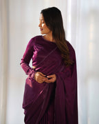 Lorenvalley Ready to wear Premium Quality Marble Velvet Fabric Fancy Boarder Lace Work Predrapped Saree - Purple | Grocsy