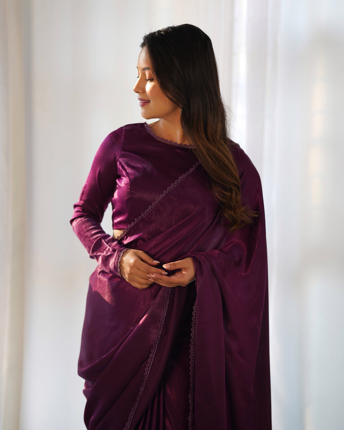 Lorenvalley Ready to wear Premium Quality Marble Velvet Fabric Fancy Boarder Lace Work Predrapped Saree - Purple | Grocsy