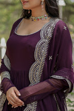 Evanik Wine Faux Blooming Gown With Dupatta With Rich Sequins Embroidered work | Grocsy