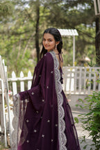 Evanik Wine Faux Blooming Gown With Dupatta With Rich Sequins Embroidered work | Grocsy