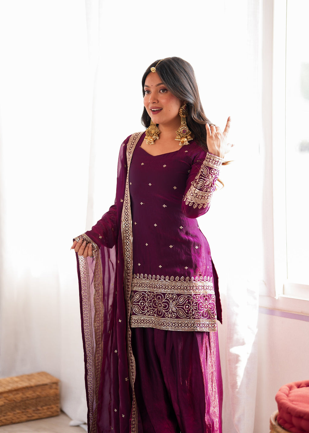 Lorenvalley Fashion Wine Fendi Silk with Embroidery Sequins and Zari Work Kurta Farshi Salwar with Dupatta | Grocsy