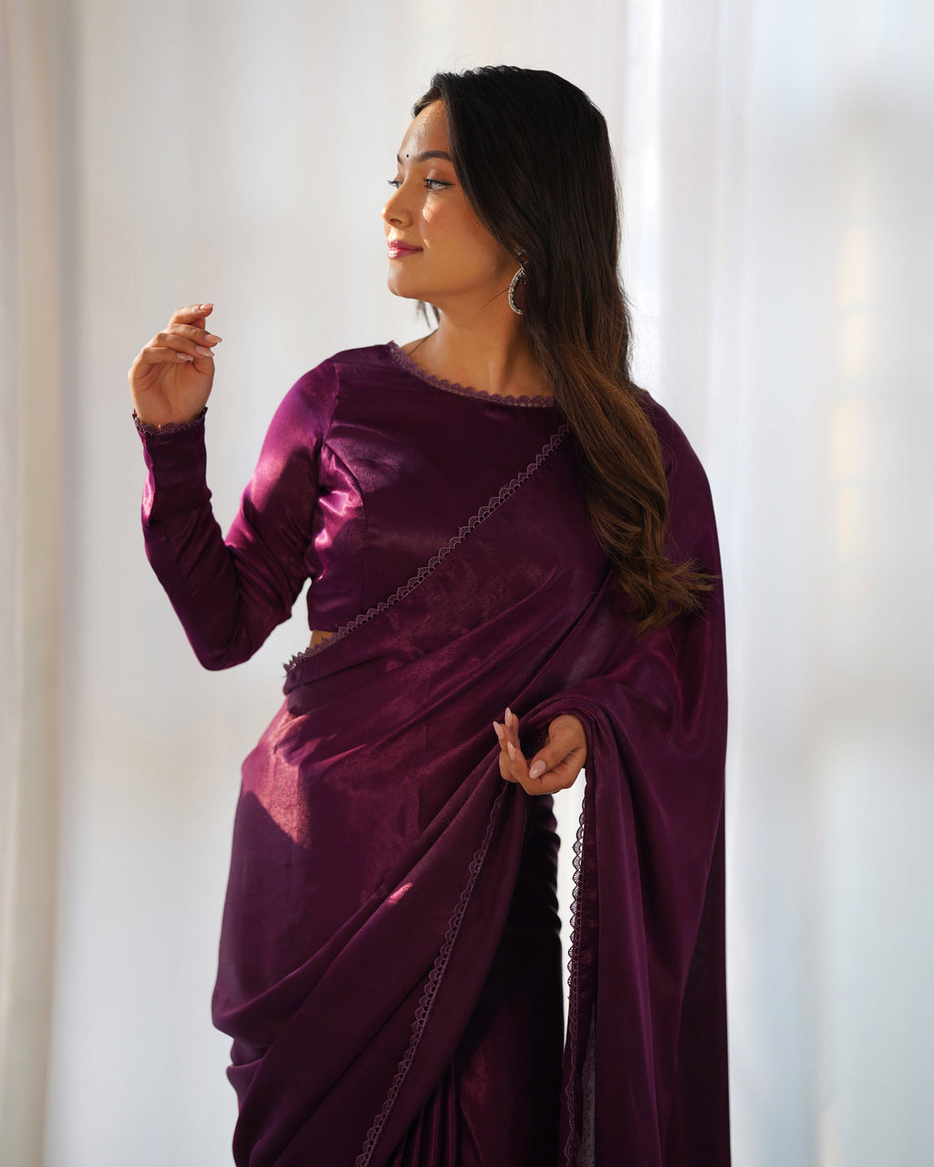 Lorenvalley Ready to wear Premium Quality Marble Velvet Fabric Fancy Boarder Lace Work Predrapped Saree - Purple | Grocsy
