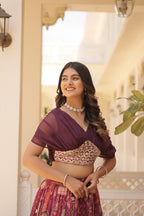 Lorenvalley Wine Russian Silk Rich Digital Printed With Foil Embroidery work Lehenga Choli | Grocsy