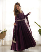 Lorenvalley Mauve Pure Roman Silk Chanderi Fabric Fully Flared Anarkali Pant With Dupatta Set - Wine | Grocsy