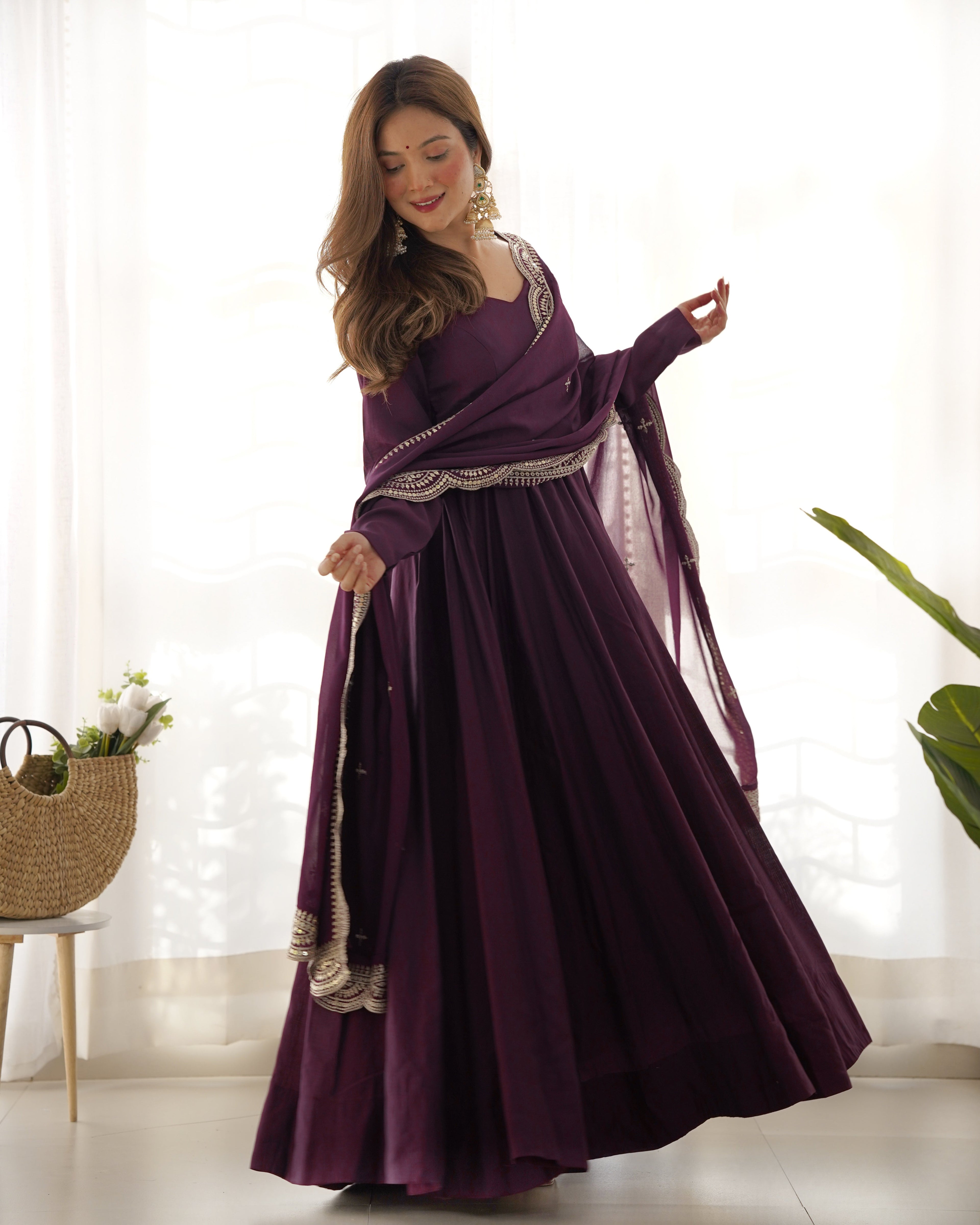 Lorenvalley Mauve Pure Roman Silk Chanderi Fabric Fully Flared Anarkali Pant With Dupatta Set - Wine | Grocsy
