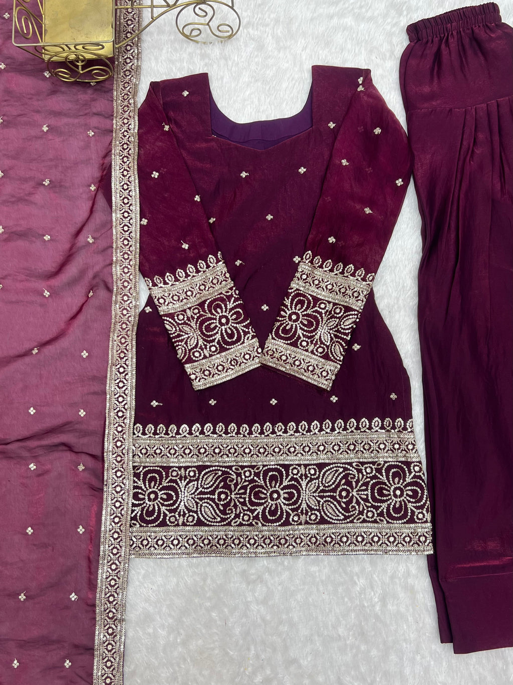 Lorenvalley Fashion Wine Fendi Silk with Embroidery Sequins and Zari Work Kurta Farshi Salwar with Dupatta | Grocsy