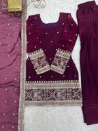 Lorenvalley Fashion Wine Fendi Silk with Embroidery Sequins and Zari Work Kurta Farshi Salwar with Dupatta | Grocsy