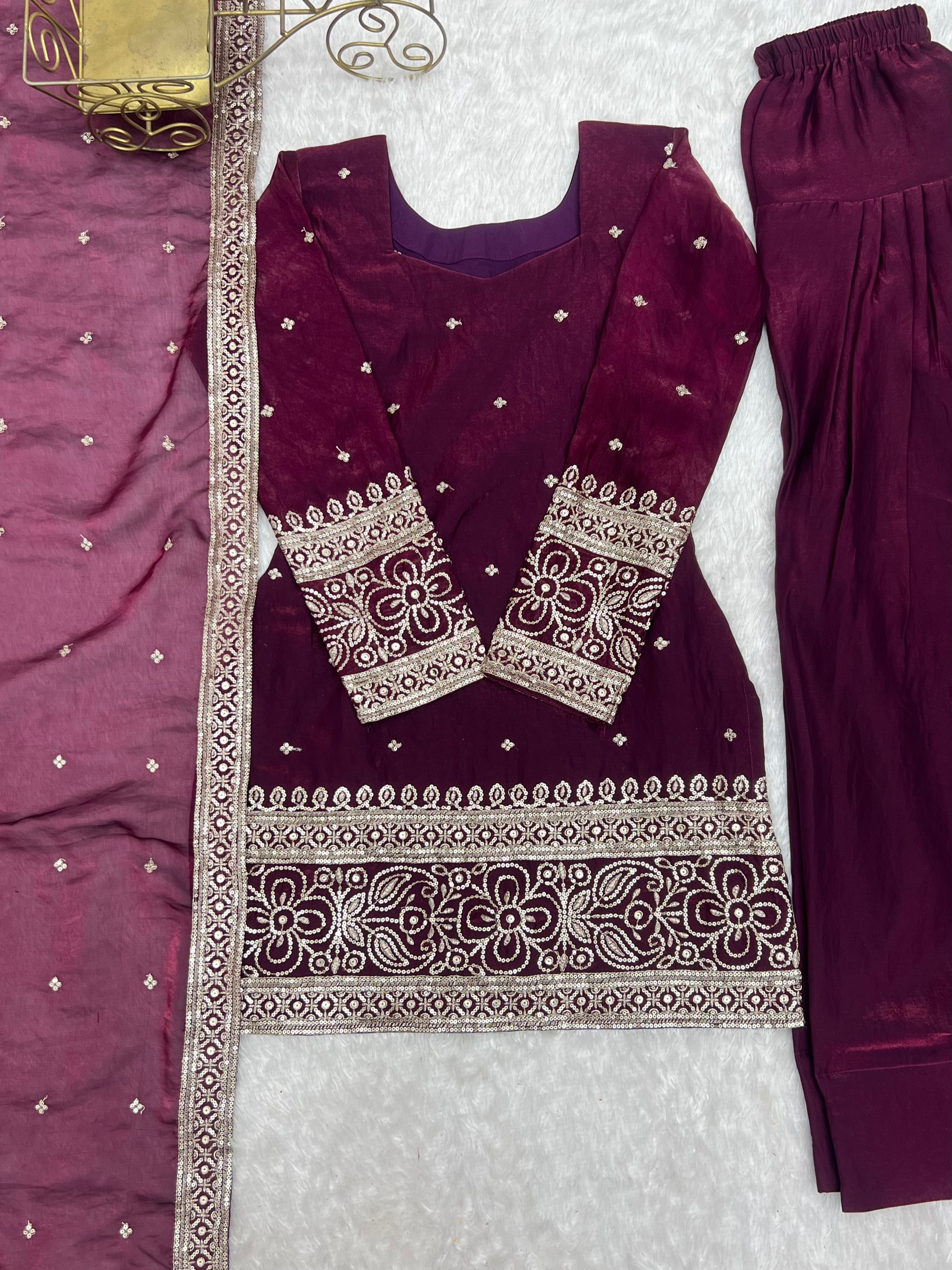 Lorenvalley Fashion Wine Fendi Silk with Embroidery Sequins and Zari Work Kurta Farshi Salwar with Dupatta | Grocsy