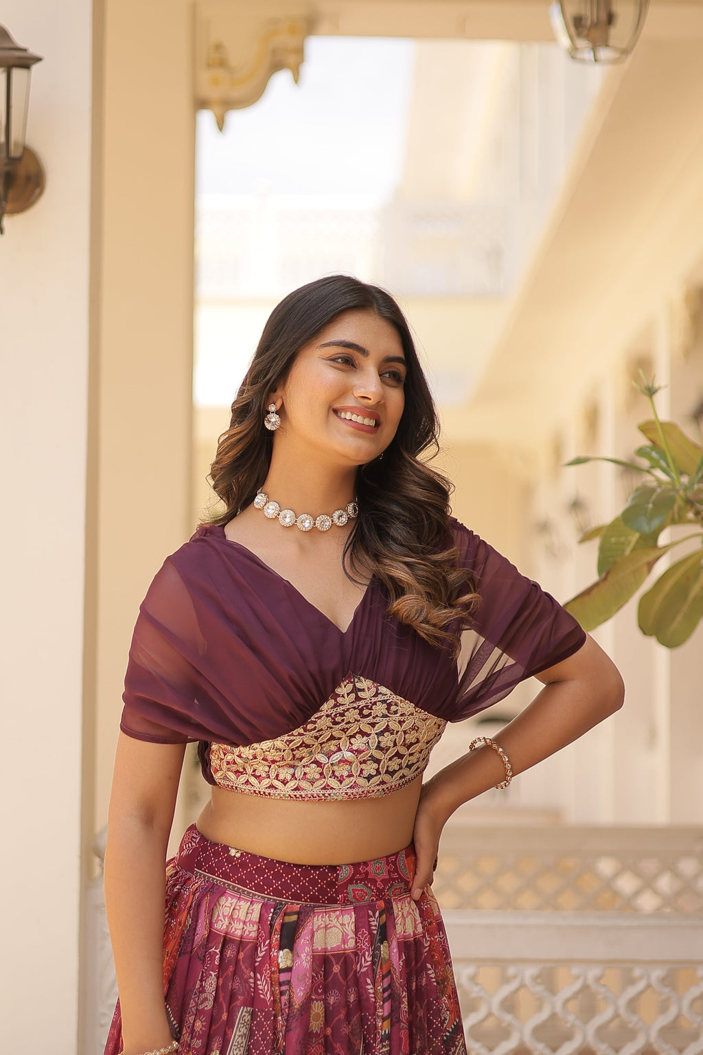 Lorenvalley Wine Russian Silk Rich Digital Printed With Foil Embroidery work Lehenga Choli | Grocsy