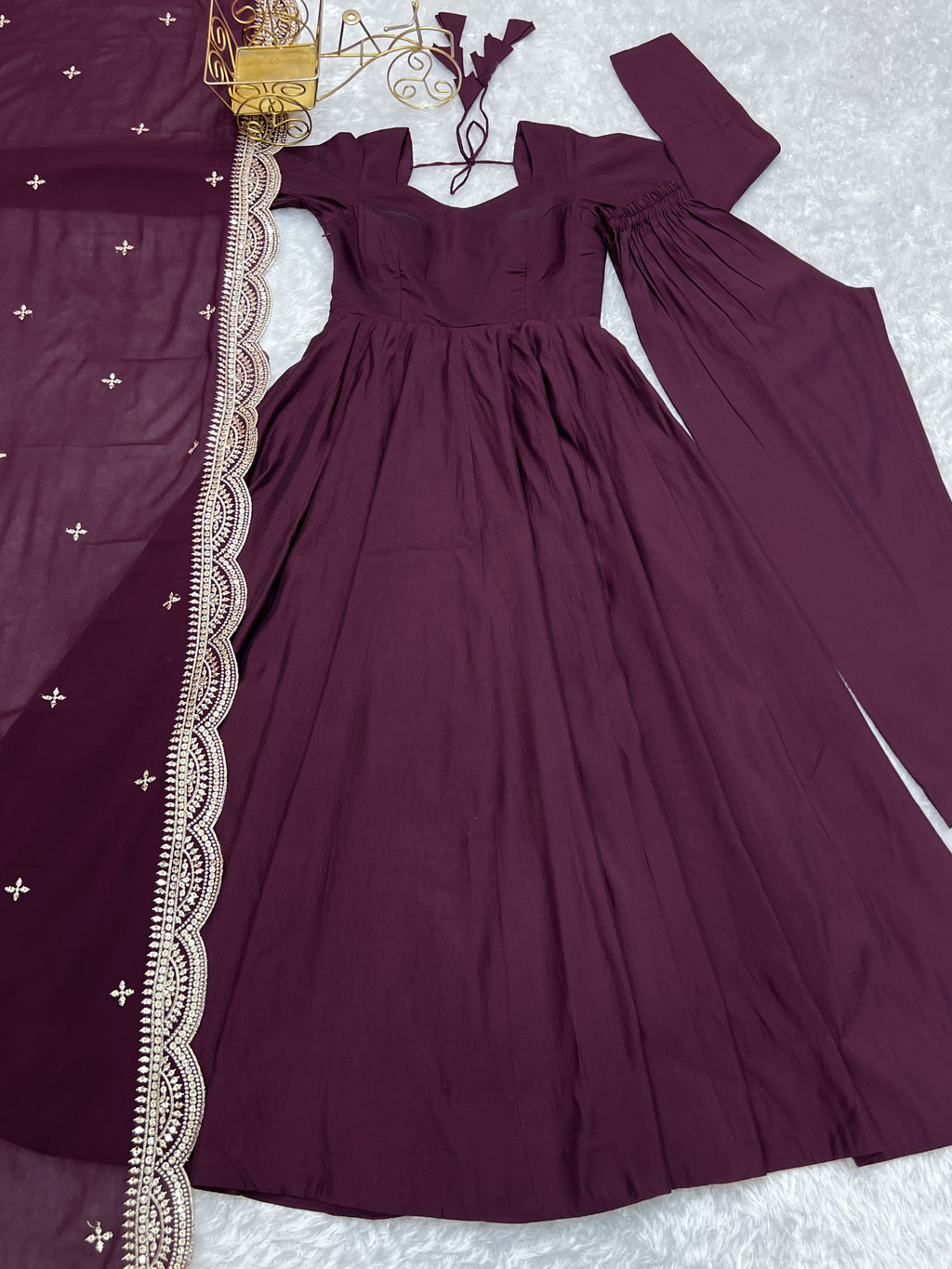 Lorenvalley Mauve Pure Roman Silk Chanderi Fabric Fully Flared Anarkali Pant With Dupatta Set - Wine | Grocsy
