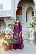 Lorenvalley Wine Roman Silk Floral Print With Beets Handwork Kurta Set | Grocsy