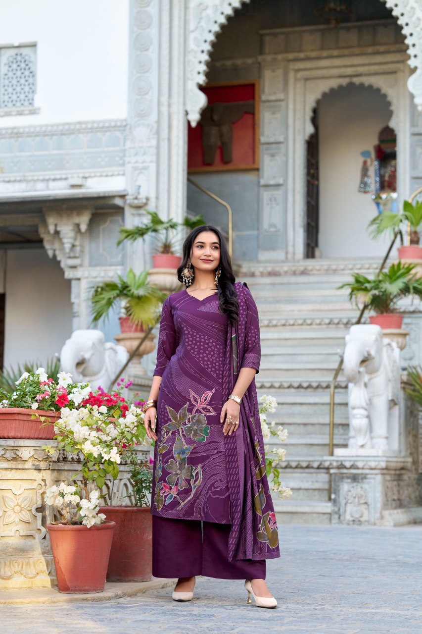 Lorenvalley Wine Roman Silk Floral Print With Beets Handwork Kurta Set | Grocsy