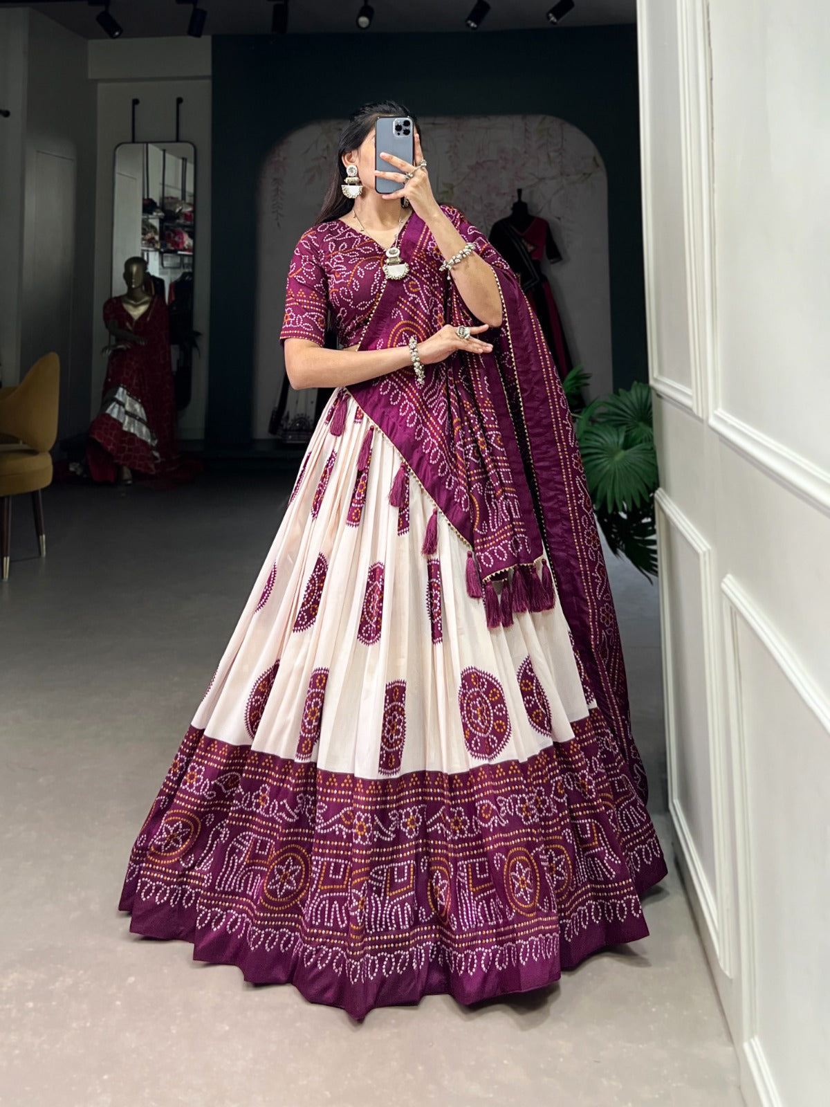 Lorenvalley Wine Tussar Silk with Bandhej Print Lehenga Choli | Grocsy