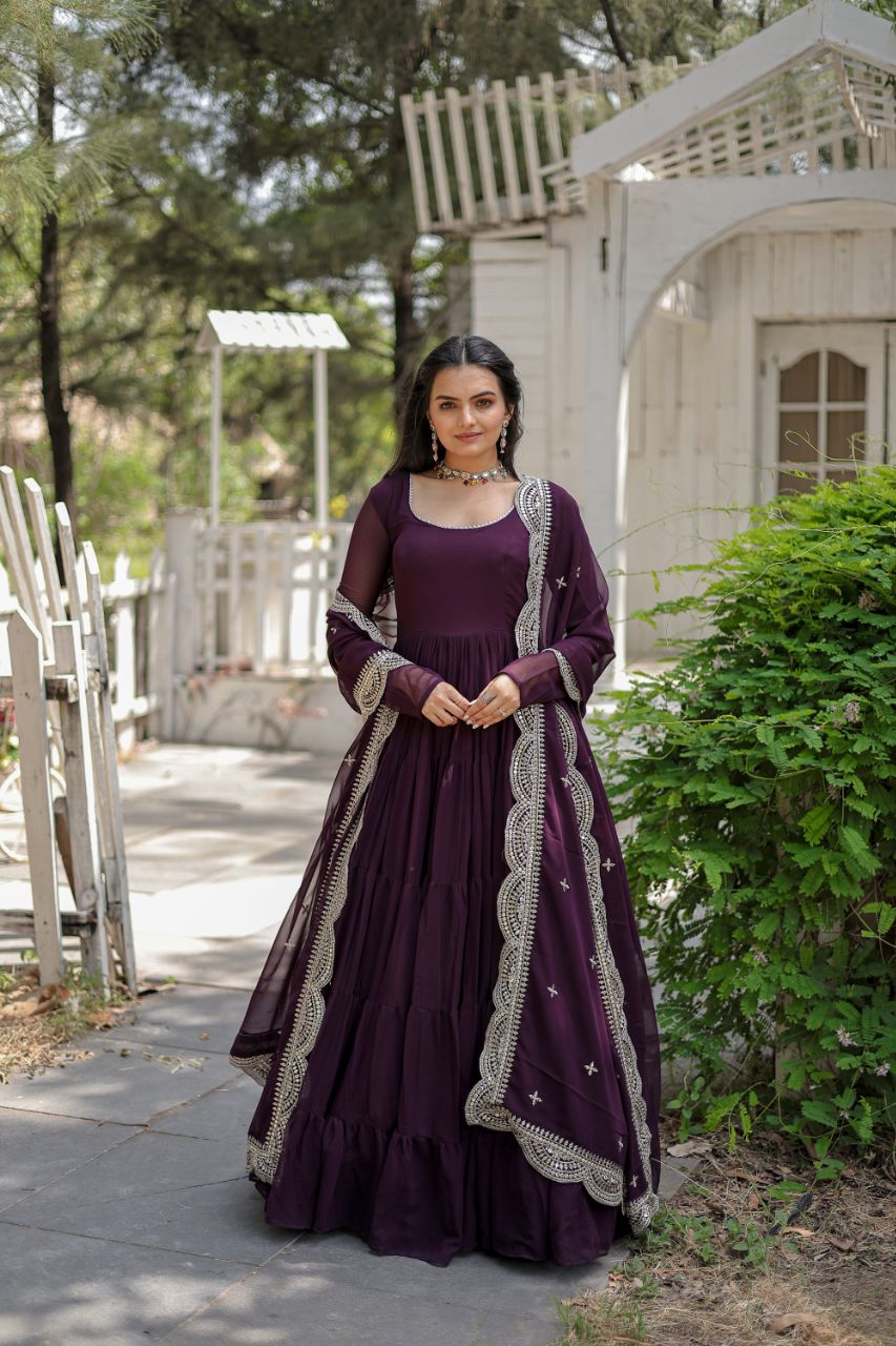 Evanik Wine Faux Blooming Gown With Dupatta With Rich Sequins Embroidered work | Grocsy