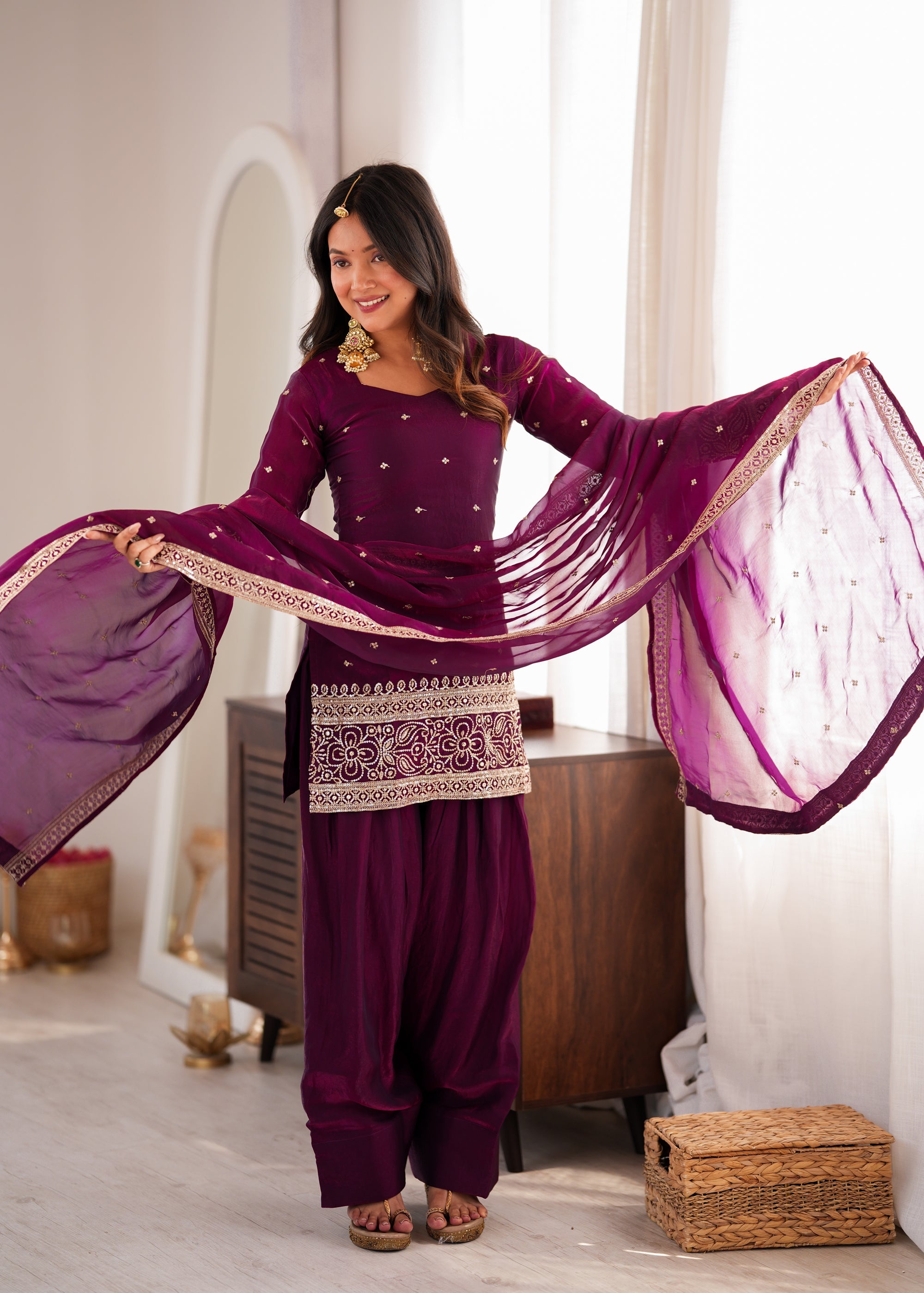 Lorenvalley Fashion Wine Fendi Silk with Embroidery Sequins and Zari Work Kurta Farshi Salwar with Dupatta | Grocsy