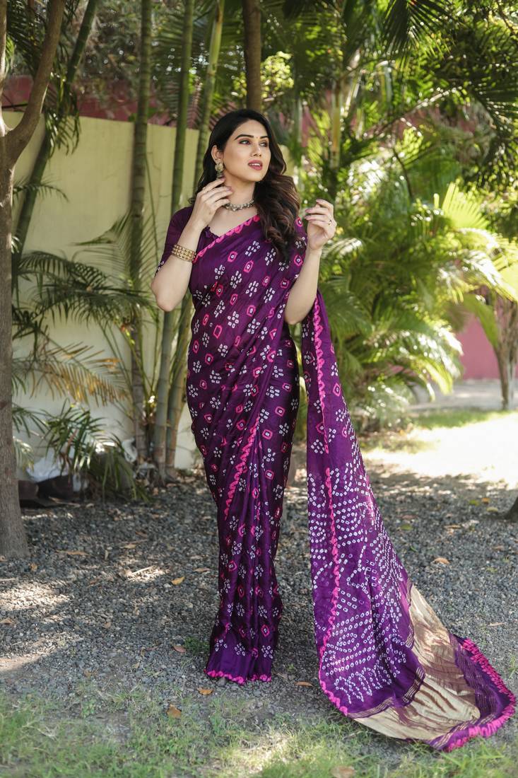 Anaita Wine Woven Design Pure Bandhej Silk Saree With Blouse | Grocsy