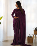 Lorenvalley Ready to wear Premium Quality Marble Velvet Fabric Fancy Boarder Lace Work Predrapped Saree - Purple | Grocsy
