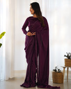 Lorenvalley Ready to wear Premium Quality Marble Velvet Fabric Fancy Boarder Lace Work Predrapped Saree - Purple | Grocsy