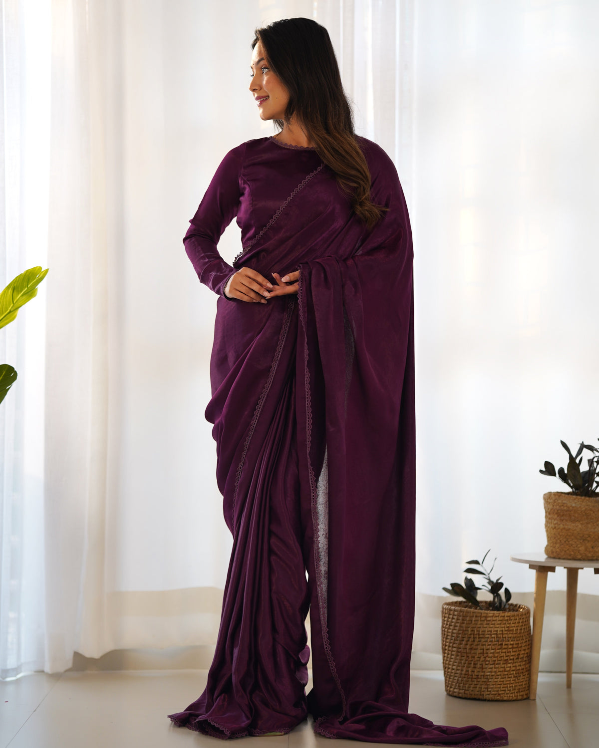 Lorenvalley Ready to wear Premium Quality Marble Velvet Fabric Fancy Boarder Lace Work Predrapped Saree - Purple | Grocsy