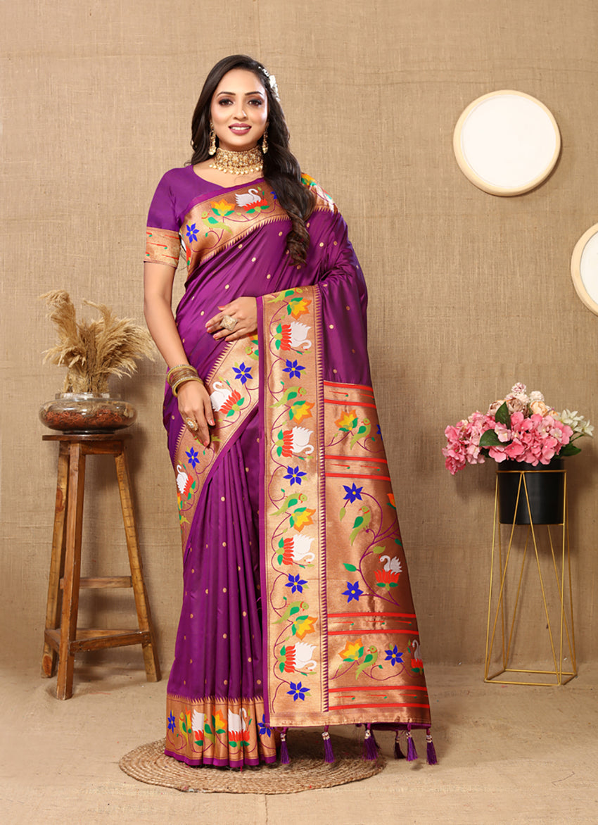 Lorenvalley Fashion Wine Soft Paithani Silk Woven Design Rich Zari Meenakari Weaving Saree | Grocsy