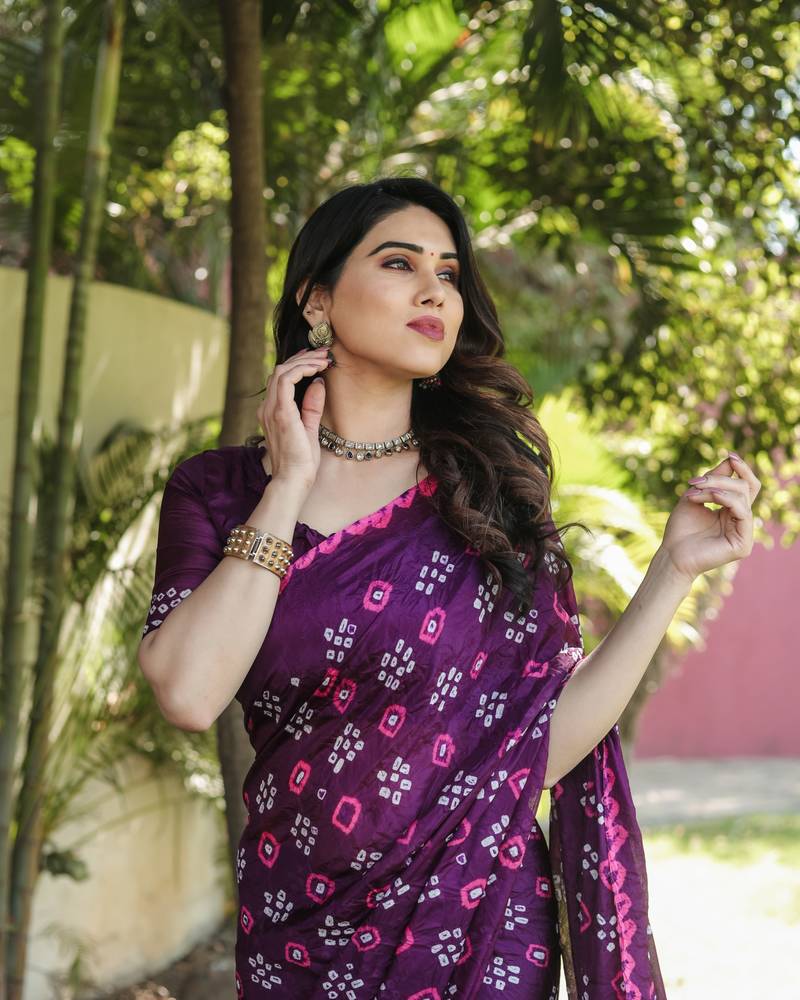 Anaita Wine Woven Design Pure Bandhej Silk Saree With Blouse | Grocsy