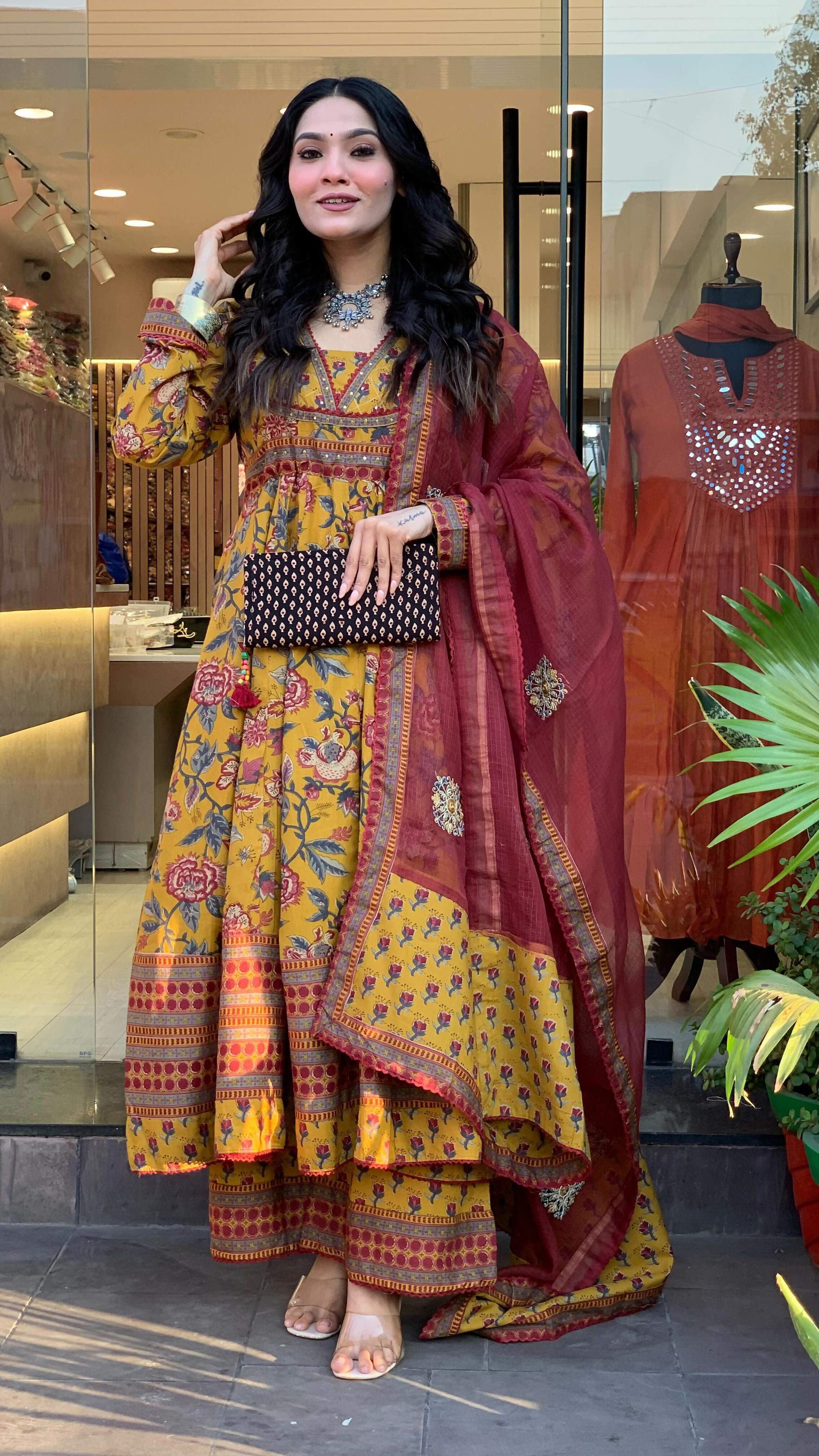 The52 Women's Beautiful Cotton Fabric Printed Work Flared Kurta Palazzo and Dupatta Set | Grocsy