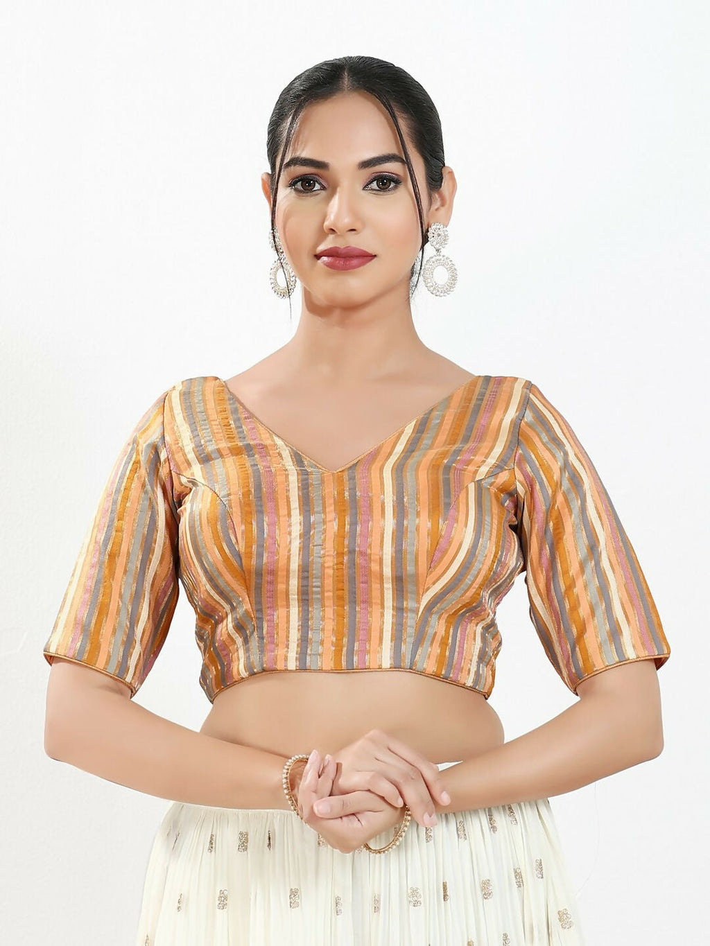 Joban Fashion Peach Multi Brocade Padded Blouse With V Neck Elbow Sleeves | Grocsy