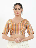 Joban Fashion Peach Multi Brocade Padded Blouse With V Neck Elbow Sleeves | Grocsy