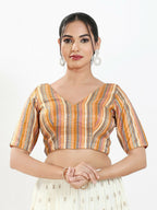 Joban Fashion Peach Multi Brocade Padded Blouse With V Neck Elbow Sleeves | Grocsy