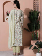 Jyoti Fashion Women's Green Cotton Floral Digital Printed Kurta with Trouser & Dupatta | Grocsy