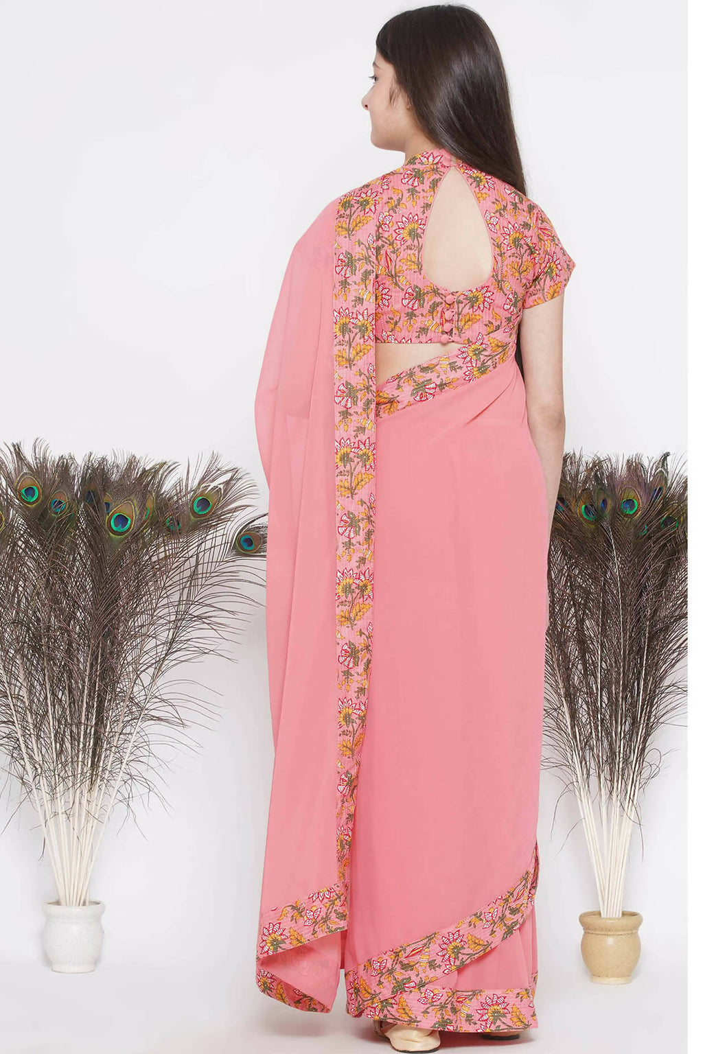 Little Bansi Floral Print Ready To Wear Saree And Floral Blouse - Coral | Grocsy