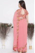 Little Bansi Floral Print Ready To Wear Saree And Floral Blouse - Coral | Grocsy