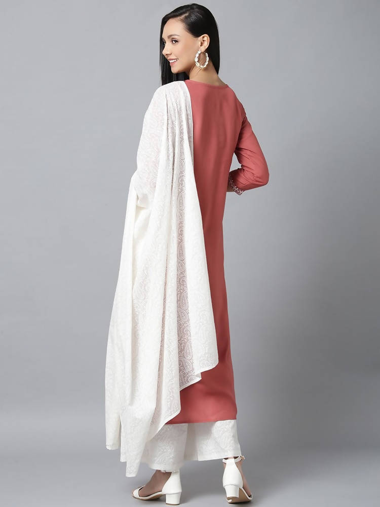 Yufta Women Pink & White Yoke Design Kurta with Palazzo & Dupatta | Grocsy